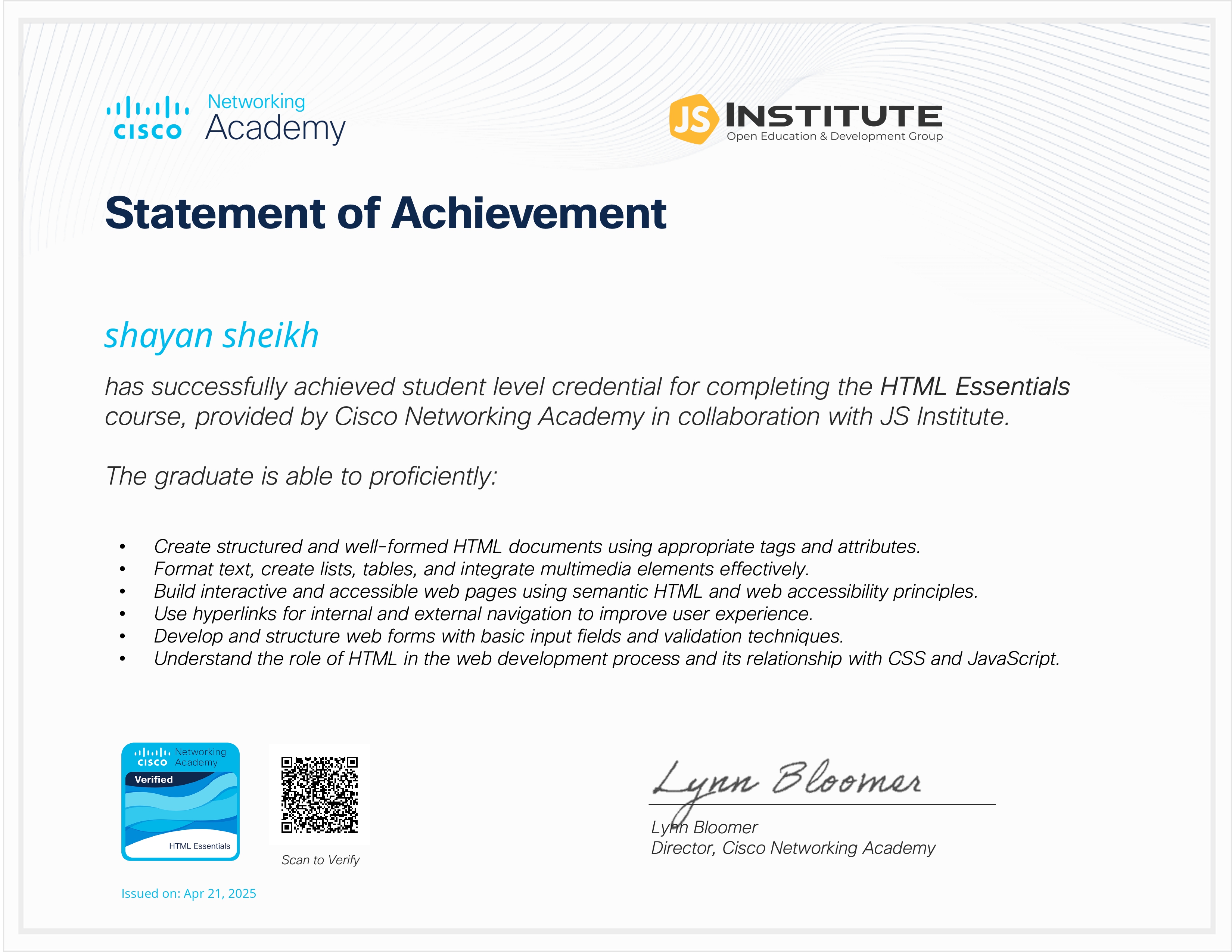HTMLEssentials certificate